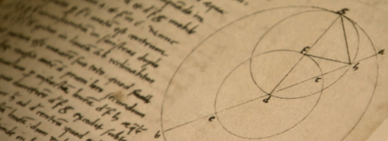 Historical parchment manuscript displaying a classic Euclidean geometric proof with intersecting circles and an inscribed triangle matrix. Annotations written in original Latin cursive script detail proportional spatial relationships and chord projections across the vesica field. Serves as a historical precursor to modern field geometry, illustrating early human mapping of spatial dynamics long before digital WebGL rendering.
